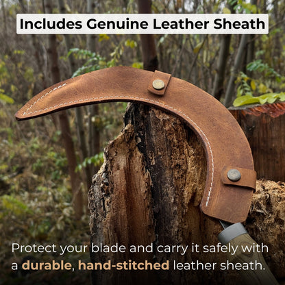 Hand-forged large sickle with 19 cm carbon steel blade and ash wood handle