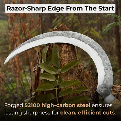 Hand-forged large sickle with 19 cm carbon steel blade and ash wood handle
