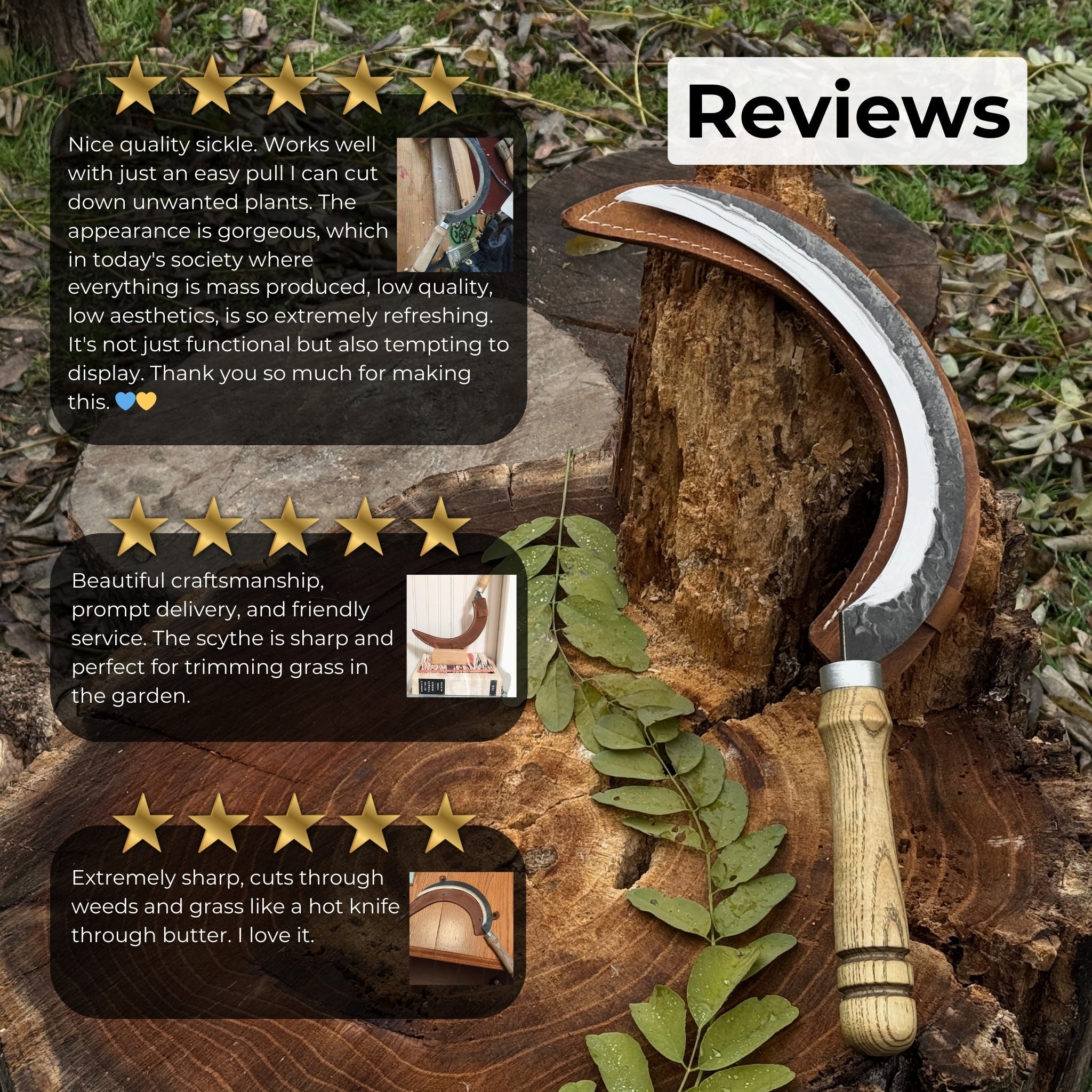 Hand-forged large sickle with 19 cm carbon steel blade and ash wood handle