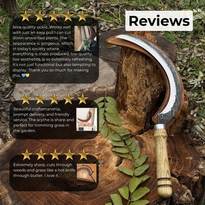 Hand-forged large sickle with 19 cm carbon steel blade and ash wood handle
