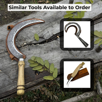 Hand-forged large sickle with 19 cm carbon steel blade and ash wood handle