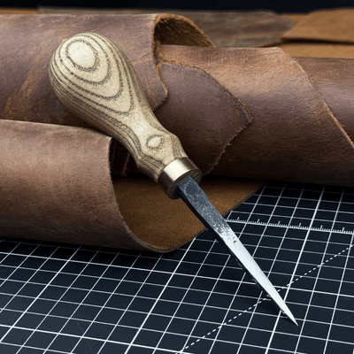 Hand-Forged Leather Awl with ash wood handle and high-carbon steel blade