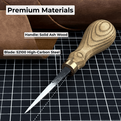 Hand-Forged Leather Awl with ash wood handle and high-carbon steel blade