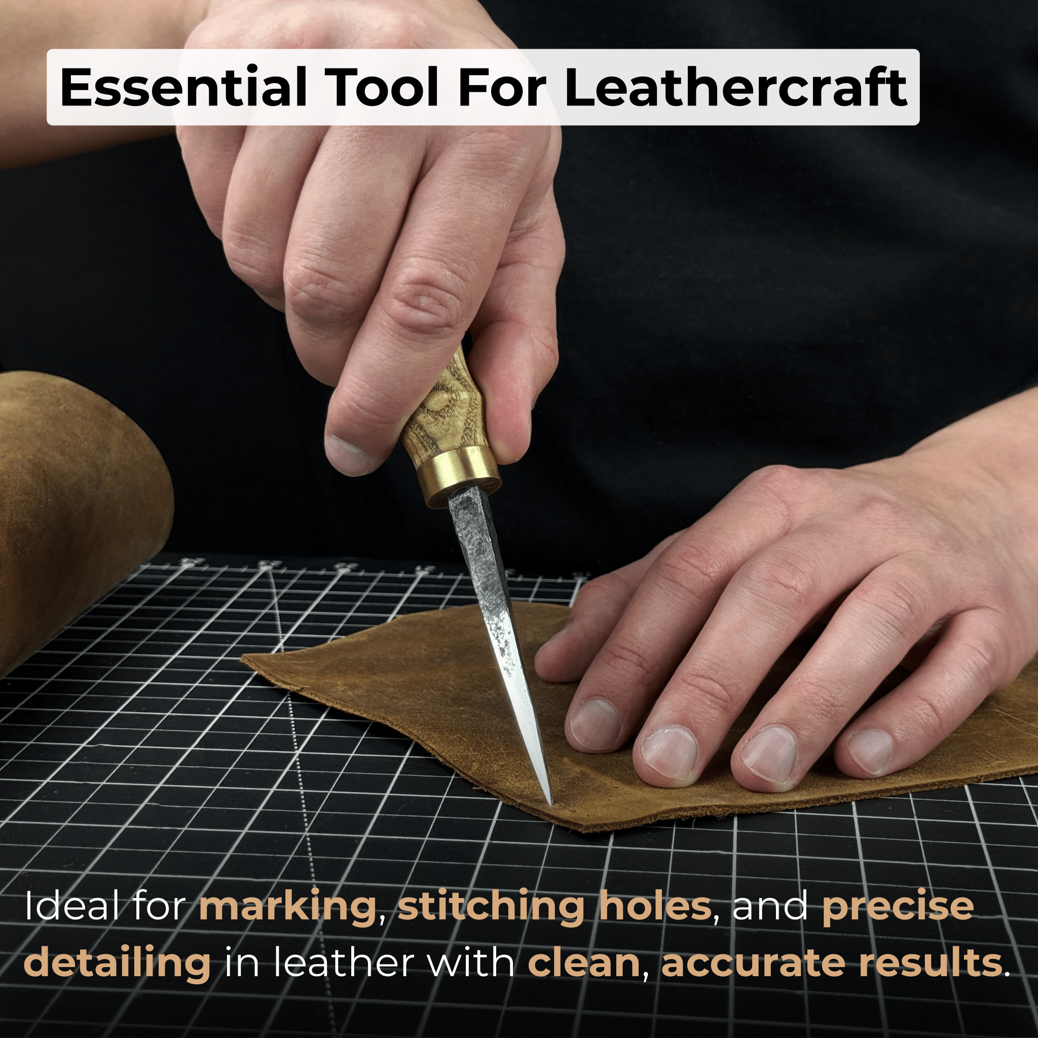 Hand-Forged Leather Awl with ash wood handle and high-carbon steel blade