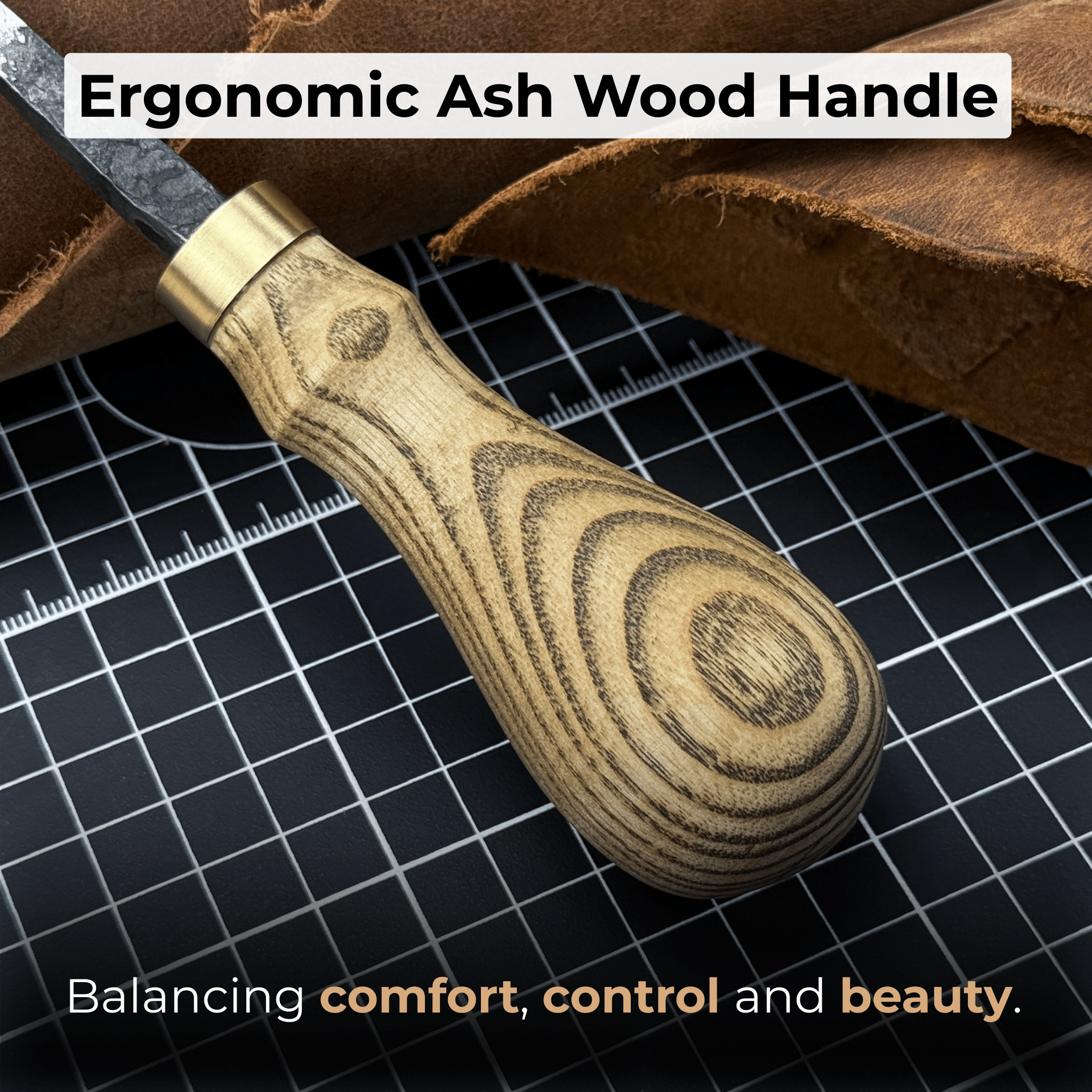 Hand-Forged Leather Awl with ash wood handle and high-carbon steel blade