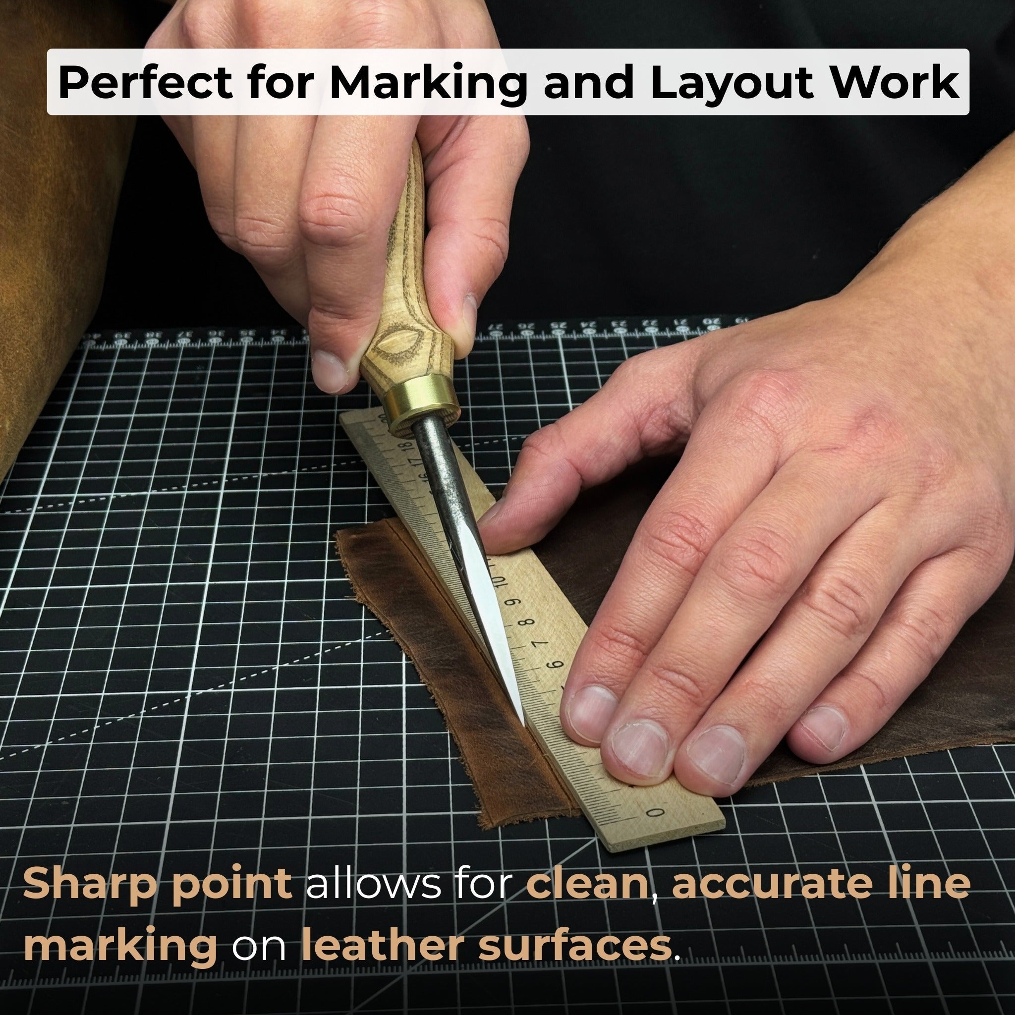 Hand-forged leather awl with ash wood handle by Sharky Forged Steel Tools