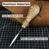Hand-forged leather awl with ash wood handle by Sharky Forged Steel Tools