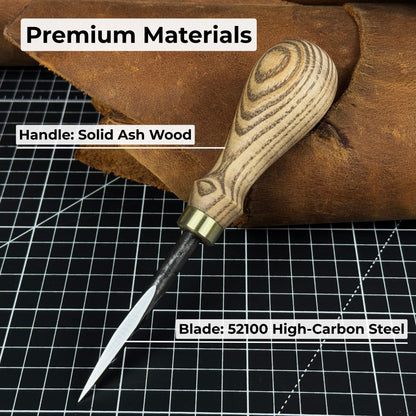 Hand-forged leather awl with ash wood handle by Sharky Forged Steel Tools