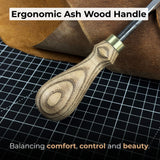 Hand-forged leather awl with ash wood handle by Sharky Forged Steel Tools
