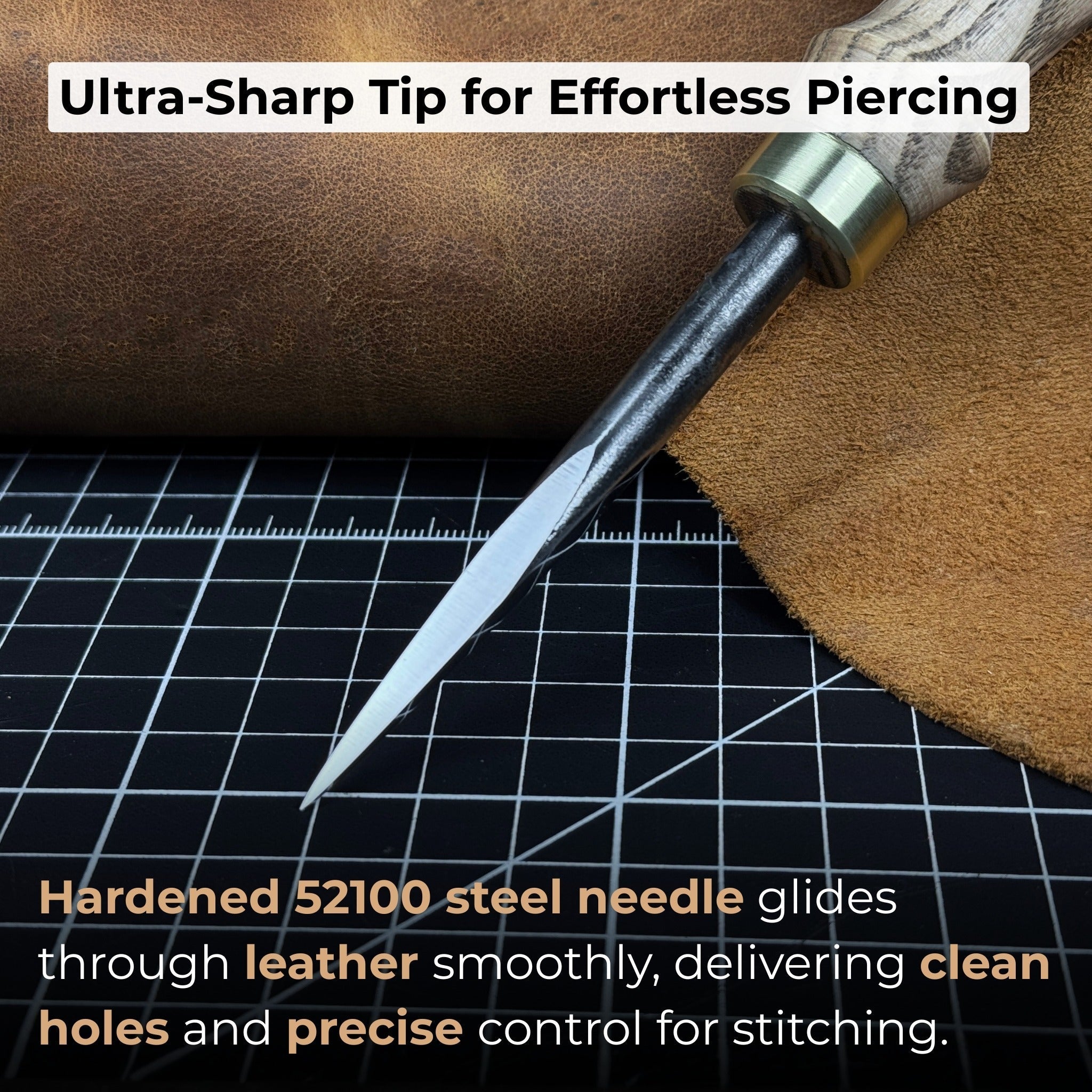 Hand-forged leather awl with ash wood handle by Sharky Forged Steel Tools