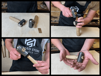 Hand-forged leather hammer with carbon steel head and ash wood handle