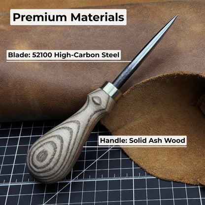 Hand-forged leatherworking awl with ash wood handle by Sharky Forged Steel Tools