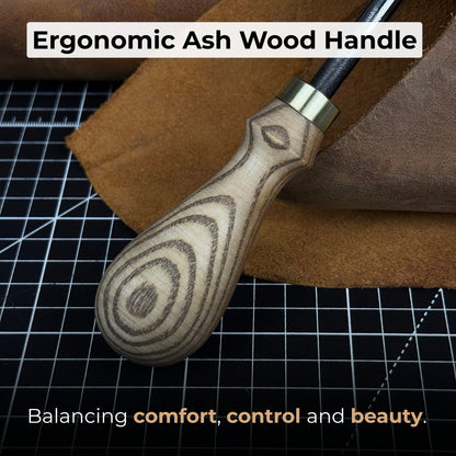 Hand-forged leatherworking awl with ash wood handle by Sharky Forged Steel Tools