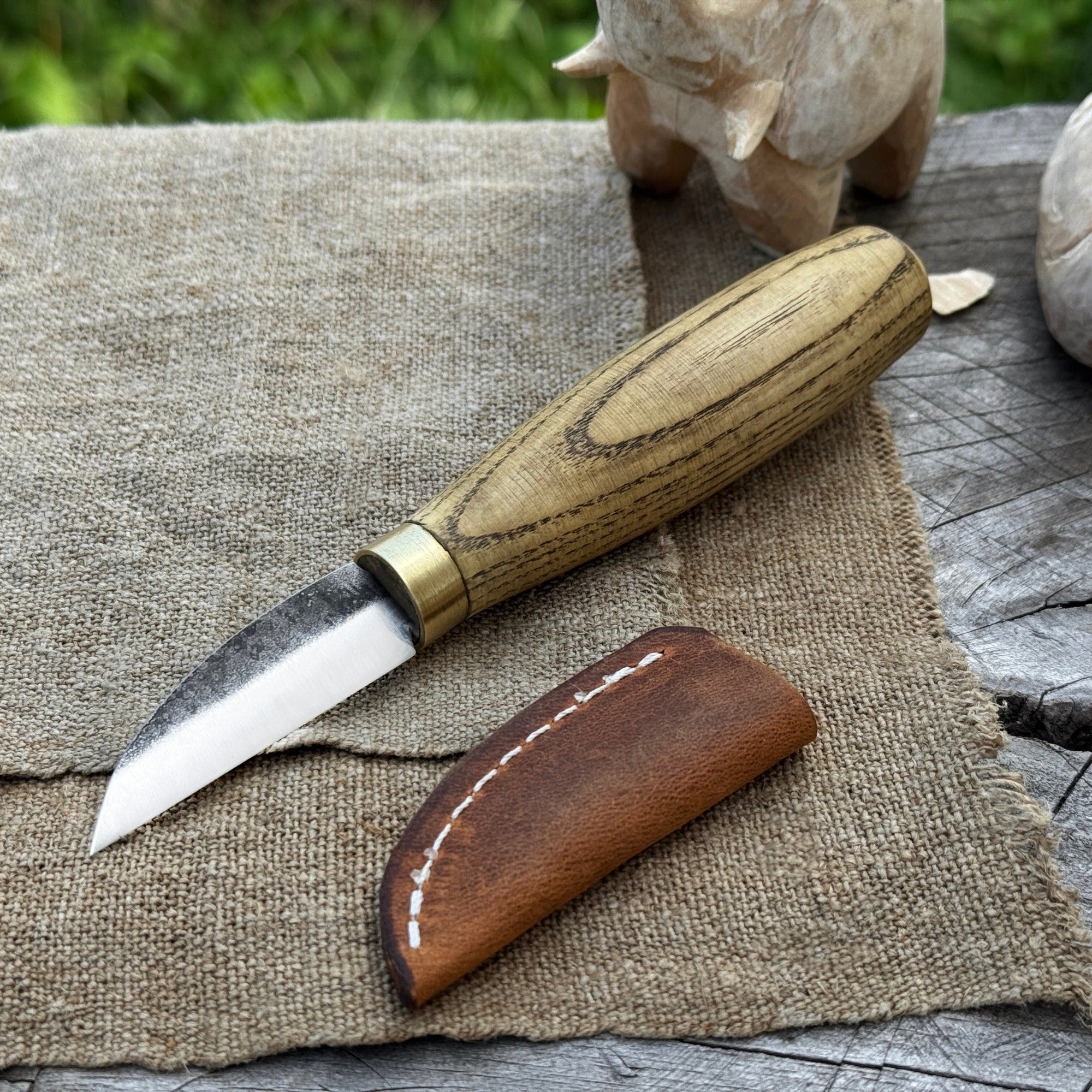 Hand-Forged Roughing Knife with 5 cm blade and ash wood handle by Sharky Forged Steel Tools