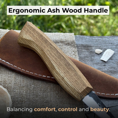 Hand-Forged Sloyd Knife with 7.5 cm blade and ash wood handle by Sharky Forged Steel Tools