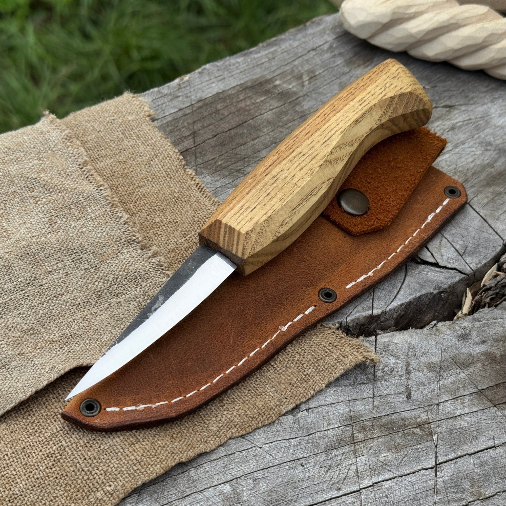 Hand-Forged Sloyd Knife with 7.5 cm blade and ash wood handle by Sharky Forged Steel Tools