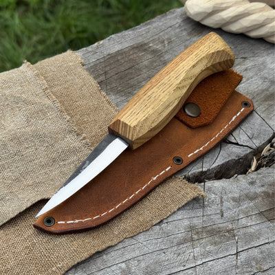 Hand-Forged Sloyd Knife with 7.5 cm blade and ash wood handle by Sharky Forged Steel Tools