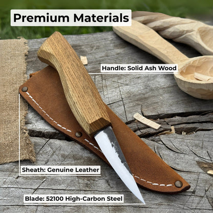Hand-Forged Sloyd Knife with 7.5 cm blade and ash wood handle by Sharky Forged Steel Tools