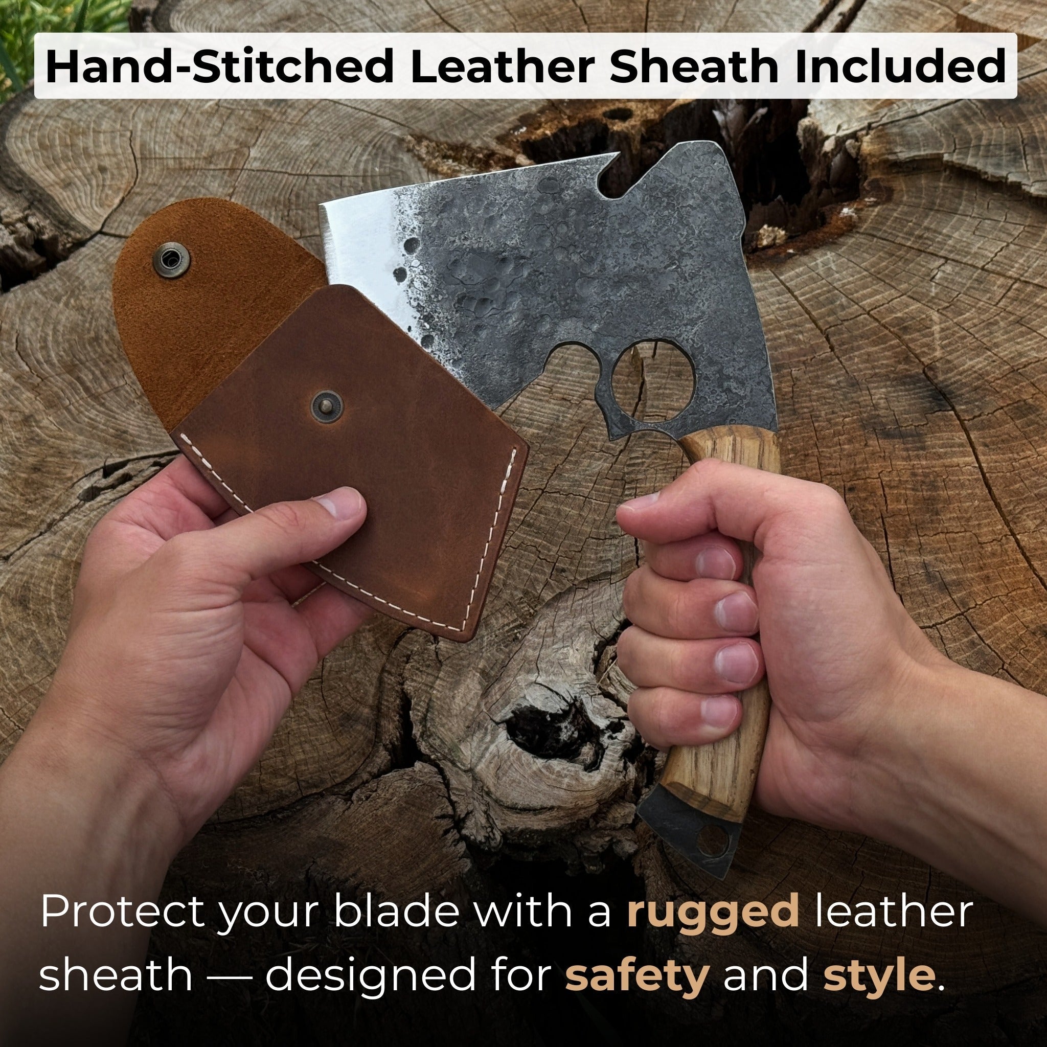 Hand-forged small camping axe with curved ash wood handle and leather sheath