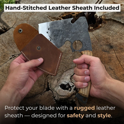 Hand-forged small camping axe with curved ash wood handle and leather sheath