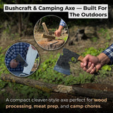 Hand-forged small camping axe with curved ash wood handle and leather sheath