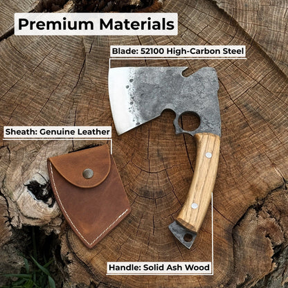 Hand-forged small camping axe with curved ash wood handle and leather sheath