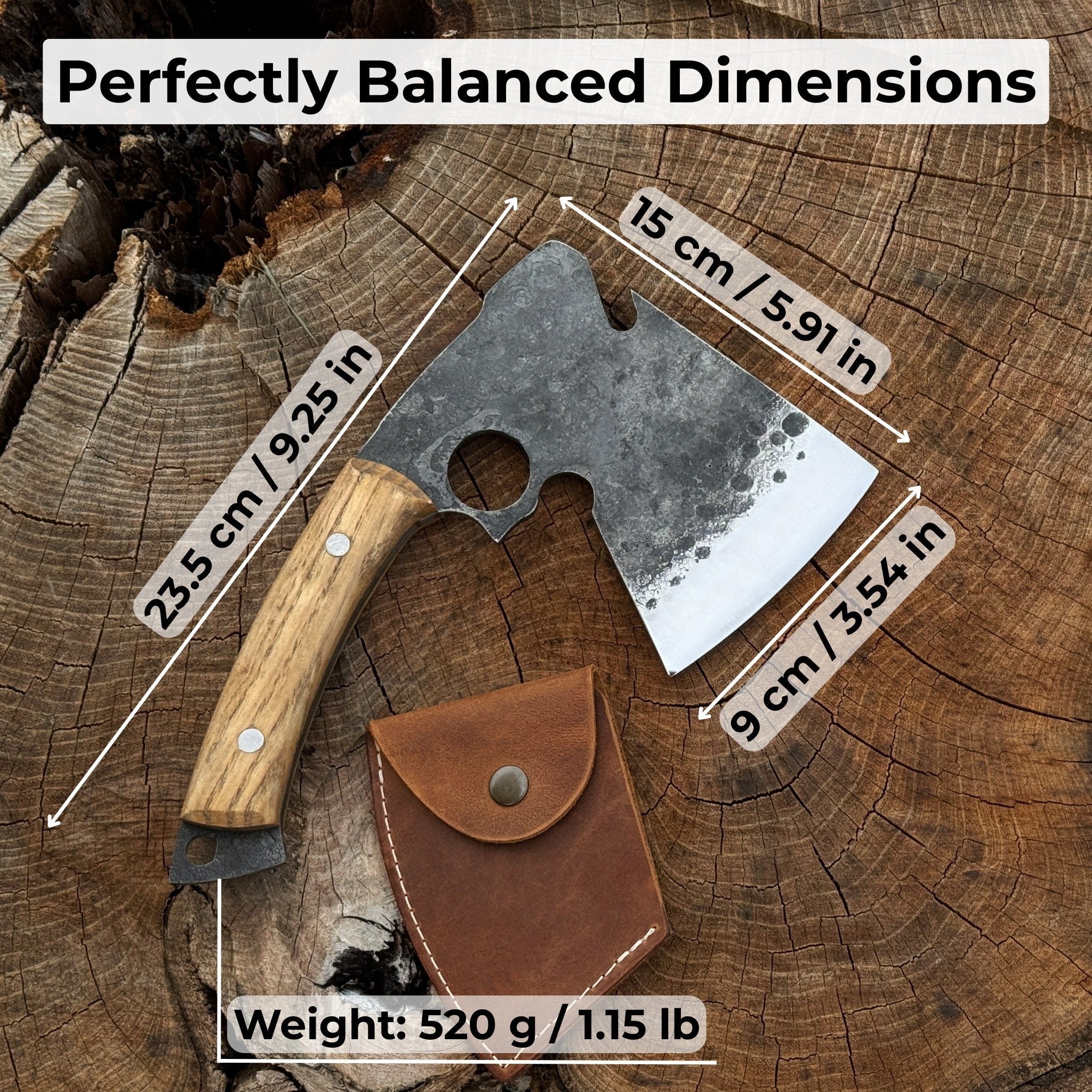 Hand-forged small camping axe with curved ash wood handle and leather sheath