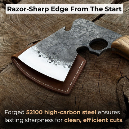 Hand-forged small camping axe with curved ash wood handle and leather sheath
