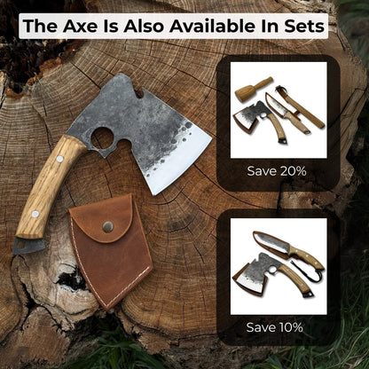 Hand-forged small camping axe with curved ash wood handle and leather sheath
