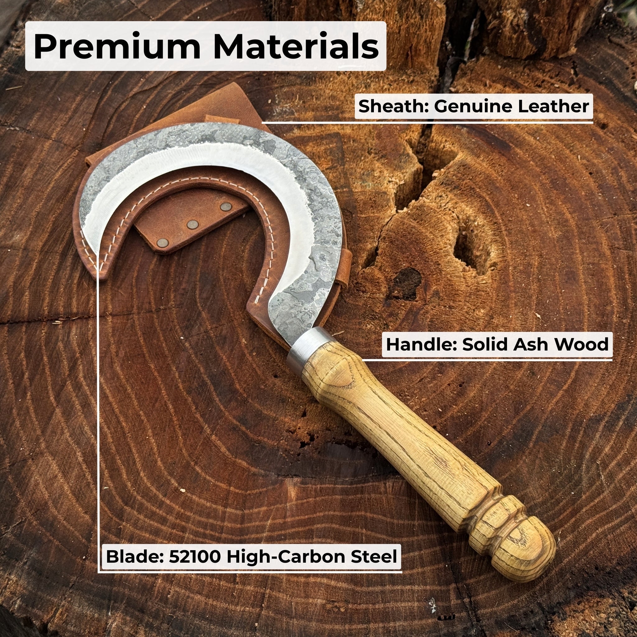 Hand-forged small sickle with 9 cm carbon steel blade and leather belt sheath