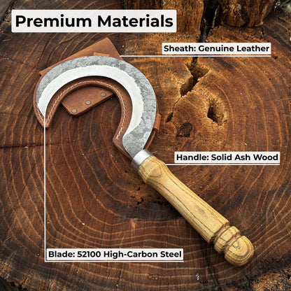 Hand-forged small sickle with 9 cm carbon steel blade and leather belt sheath