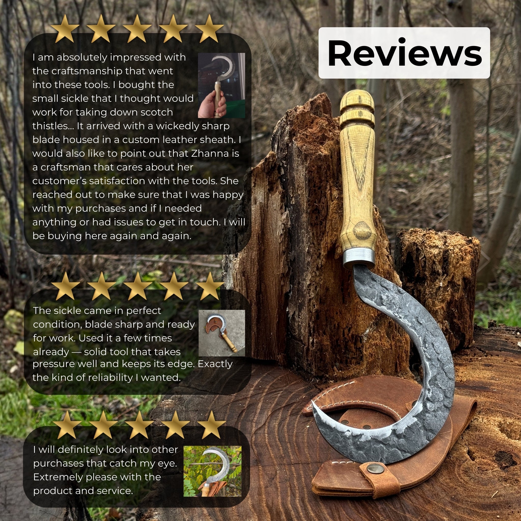 Hand-forged small sickle with 9 cm carbon steel blade and leather belt sheath