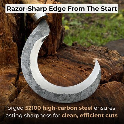 Hand-forged small sickle with 9 cm carbon steel blade and leather belt sheath