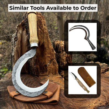 Hand-forged small sickle with 9 cm carbon steel blade and leather belt sheath