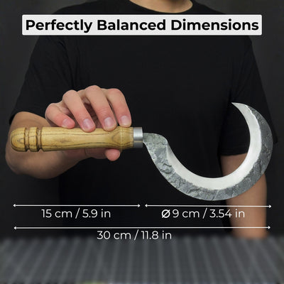Hand-forged small sickle with 9 cm carbon steel blade and ash wood handle