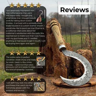 Hand-forged small sickle with 9 cm carbon steel blade and ash wood handle