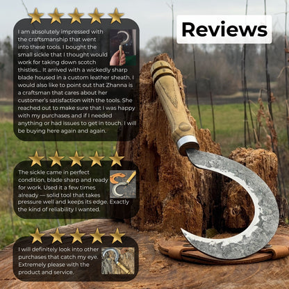 Hand-forged small sickle with 9 cm carbon steel blade and ash wood handle
