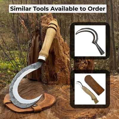 Hand-forged small sickle with 9 cm carbon steel blade and ash wood handle