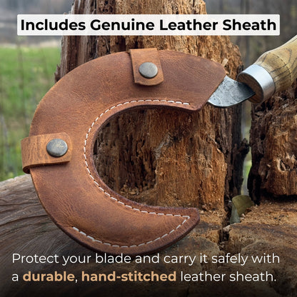Hand-forged small sickle with 9 cm carbon steel blade and ash wood handle