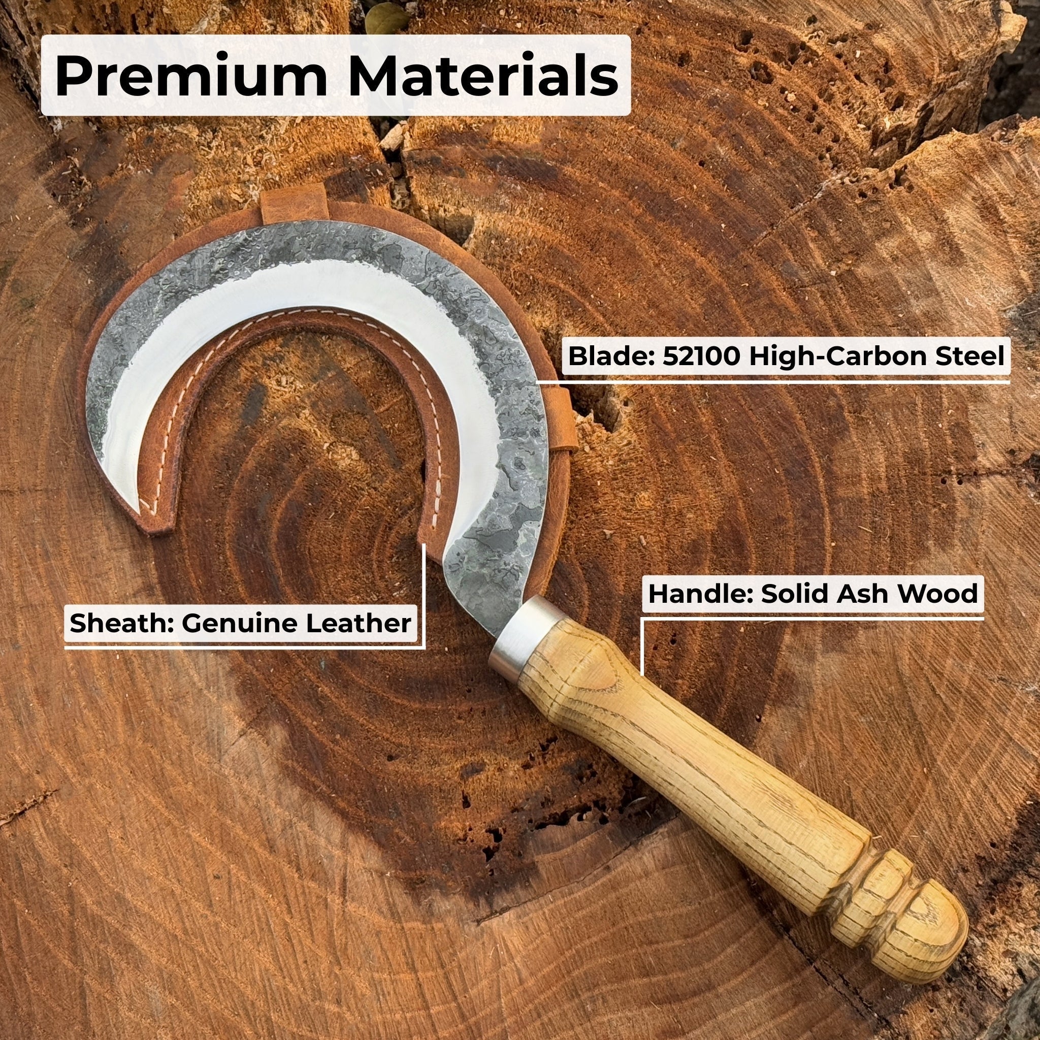Hand-forged small sickle with 9 cm carbon steel blade and ash wood handle