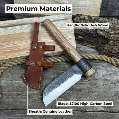 Hand-forged small splitting froe with ash wood handle and leather sheath