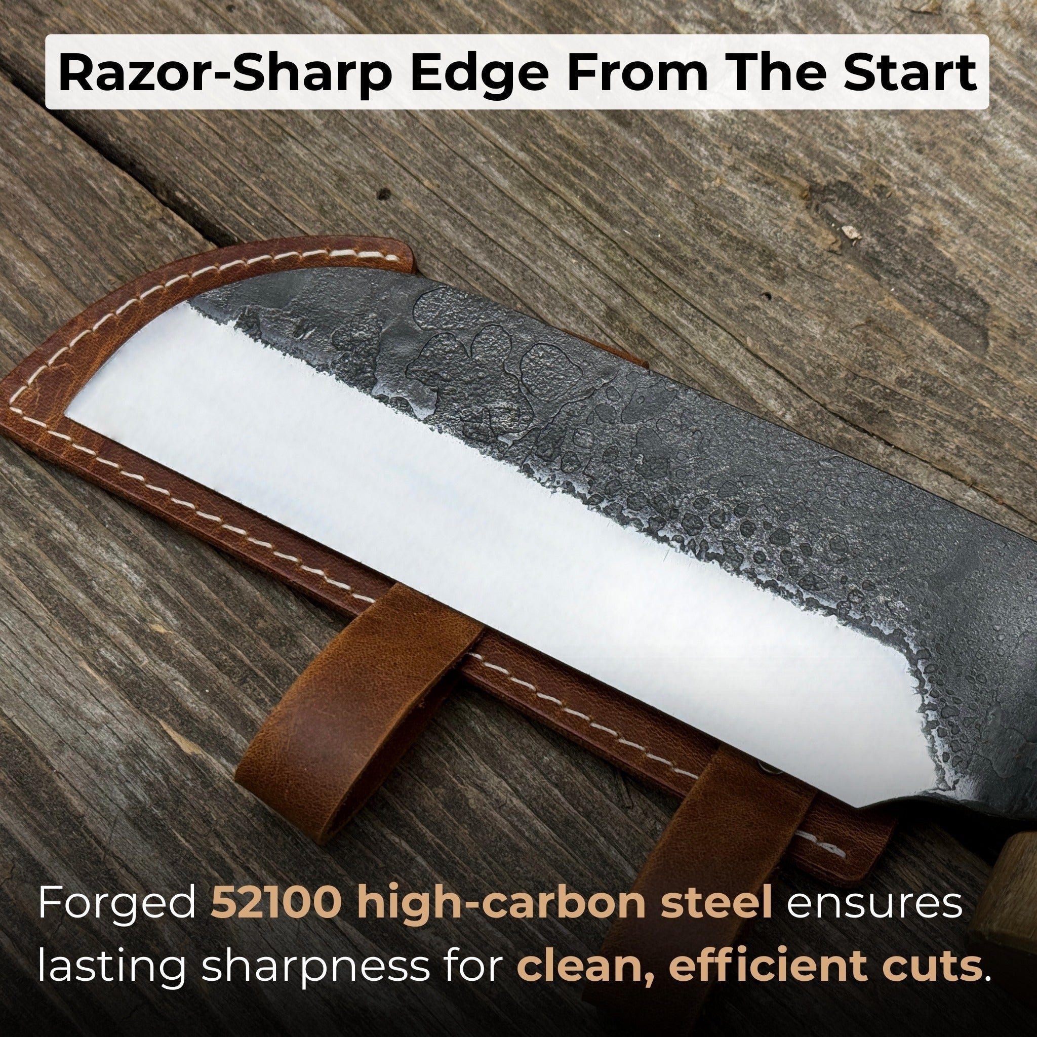 Hand-forged small splitting froe with ash wood handle and leather sheath