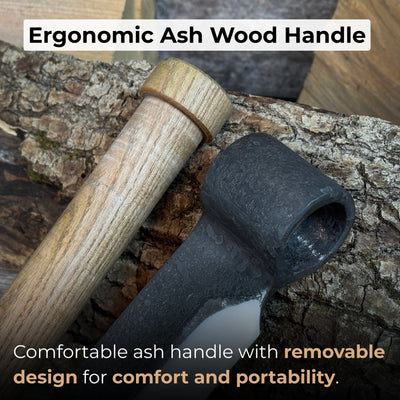 Hand-forged small splitting froe with ash wood handle and leather sheath