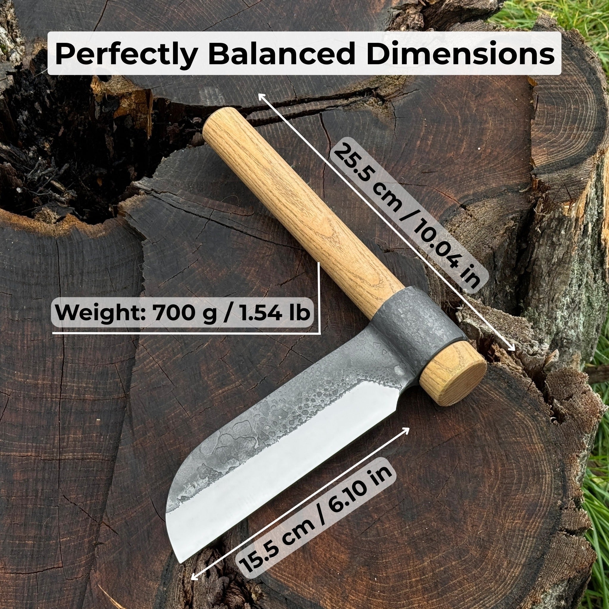 Hand-forged small splitting froe with ash wood handle and leather sheath