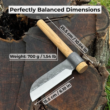 Hand-forged small splitting froe with ash wood handle and leather sheath