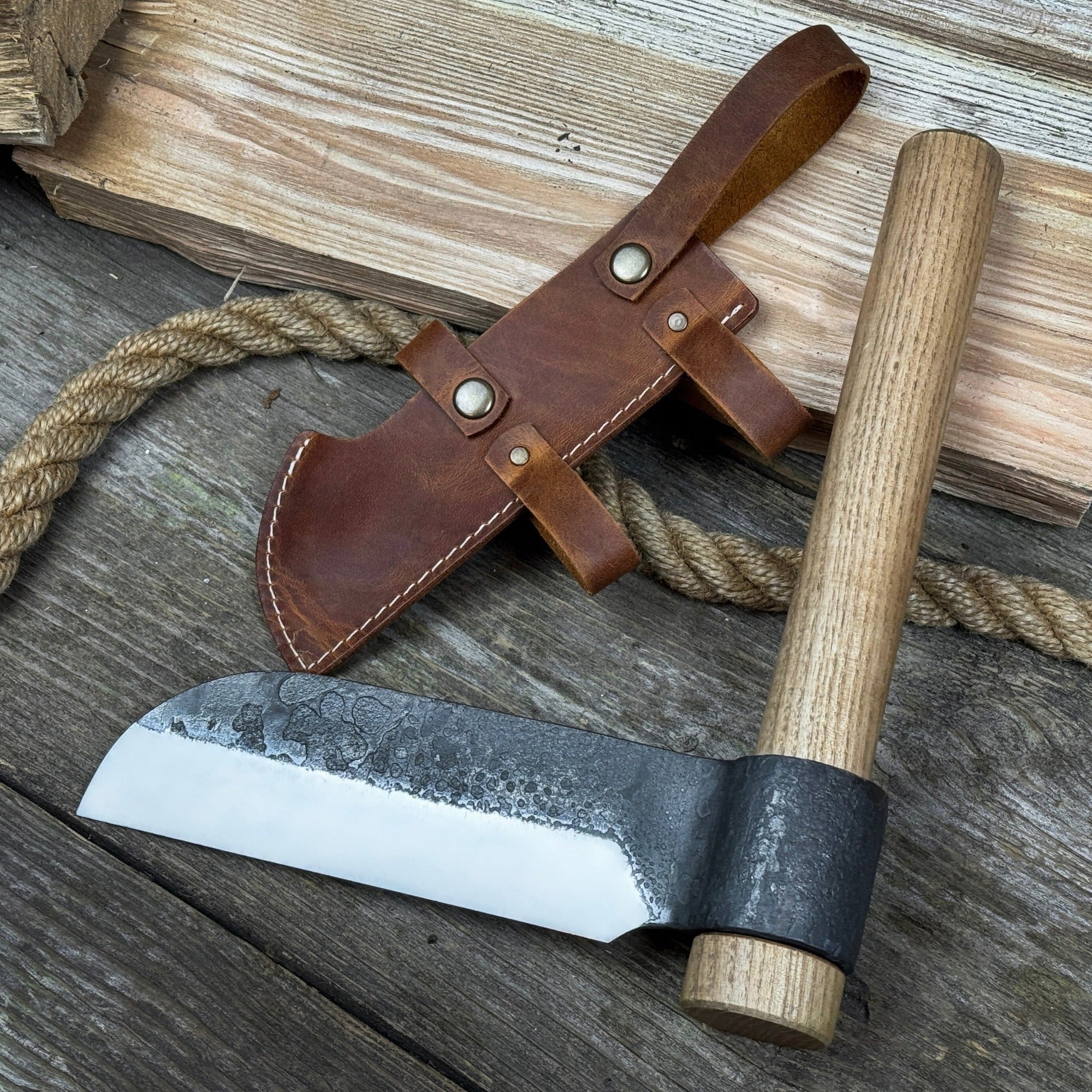 Hand-forged small splitting froe with ash wood handle and leather sheath