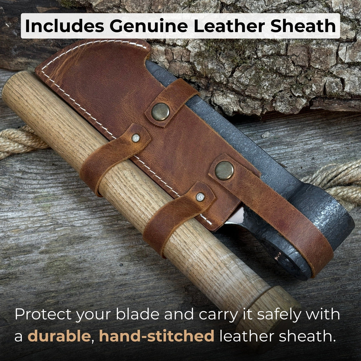 Hand-forged small splitting froe with ash wood handle and leather sheath