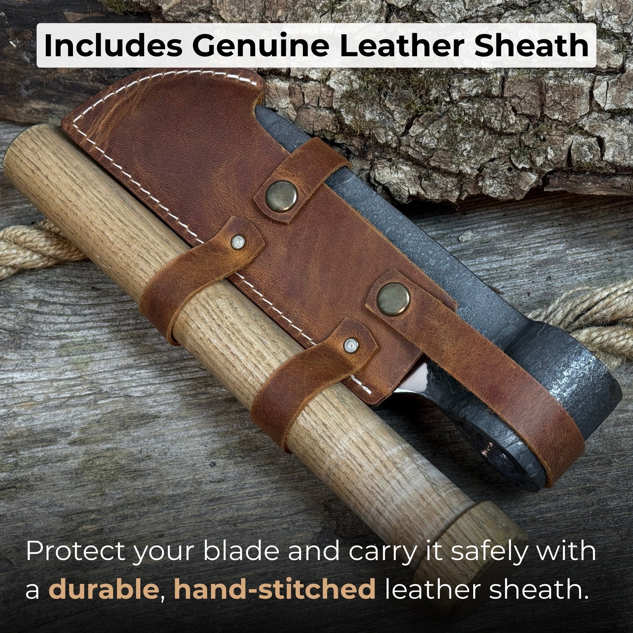 Hand-forged small splitting froe with ash wood handle and leather sheath