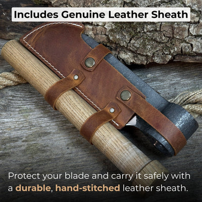 Hand-forged small splitting froe with ash wood handle and leather sheath