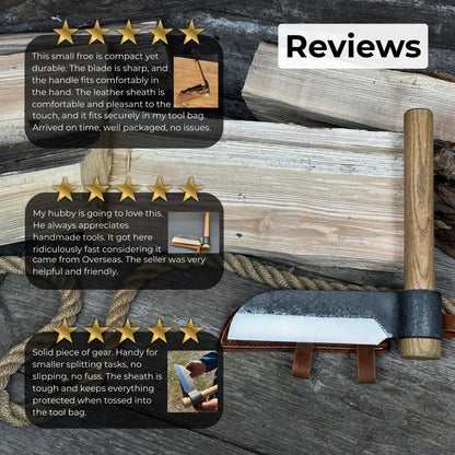 Hand-forged small splitting froe with ash wood handle and leather sheath